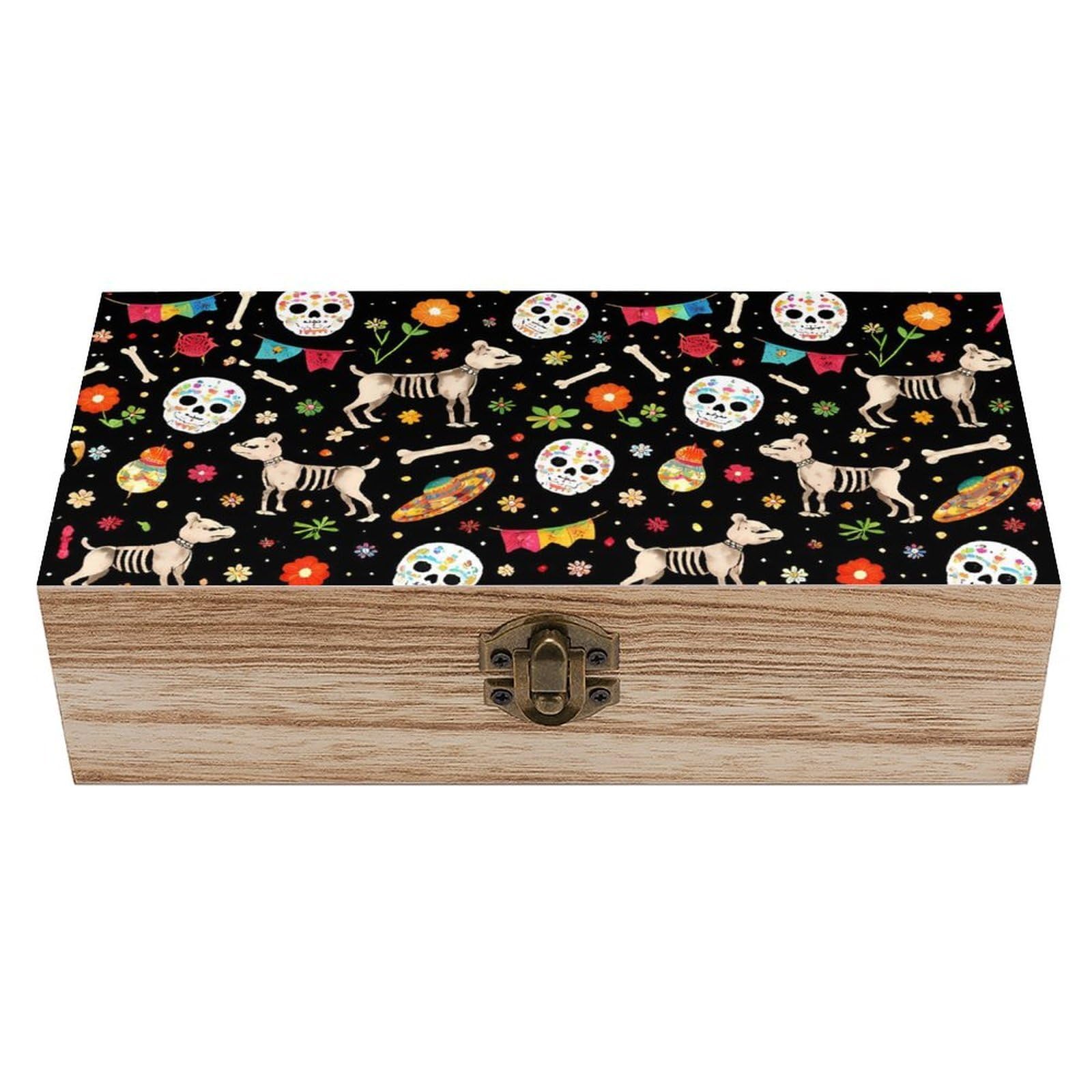 HLBSDM Sugar Skull Dog Skeleton Floral Wooden Storage Box