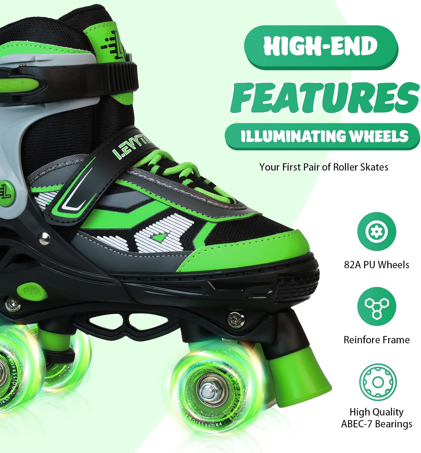 Roller Skates for Boys Girls Kids, 4 Size Adjustable Quad Skates with All Light Up Wheels for Beginners Indoor Outdoor Sports
