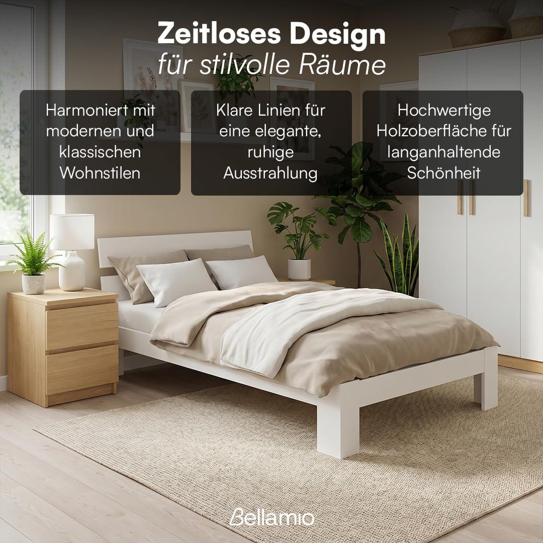 Bellamio Kavir Holzbett 120x200 cm, Massivholz Kiefer, mit Lattenrost, weiß | Massivholzbett , Bettgestell mit Bettkopf, Stabiler Bettrahmen bis 120 kg, geeignet als Einzelbett, lackiert