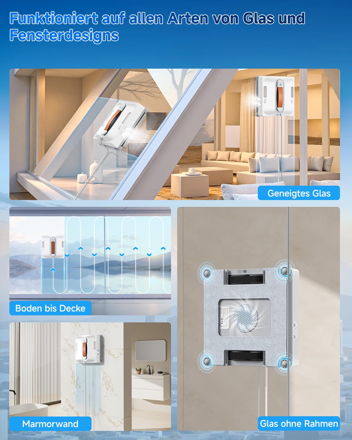 Fensterputzroboter 6500 Pa, Fensterreinigungsroboter mit 2-Fach-Sprühsystem, intelligenter Routenplanung, 80-ml-Wassertank, 8-stufigem Sicherheitssystem und Randerkennung, für Innen- und Außenfenster