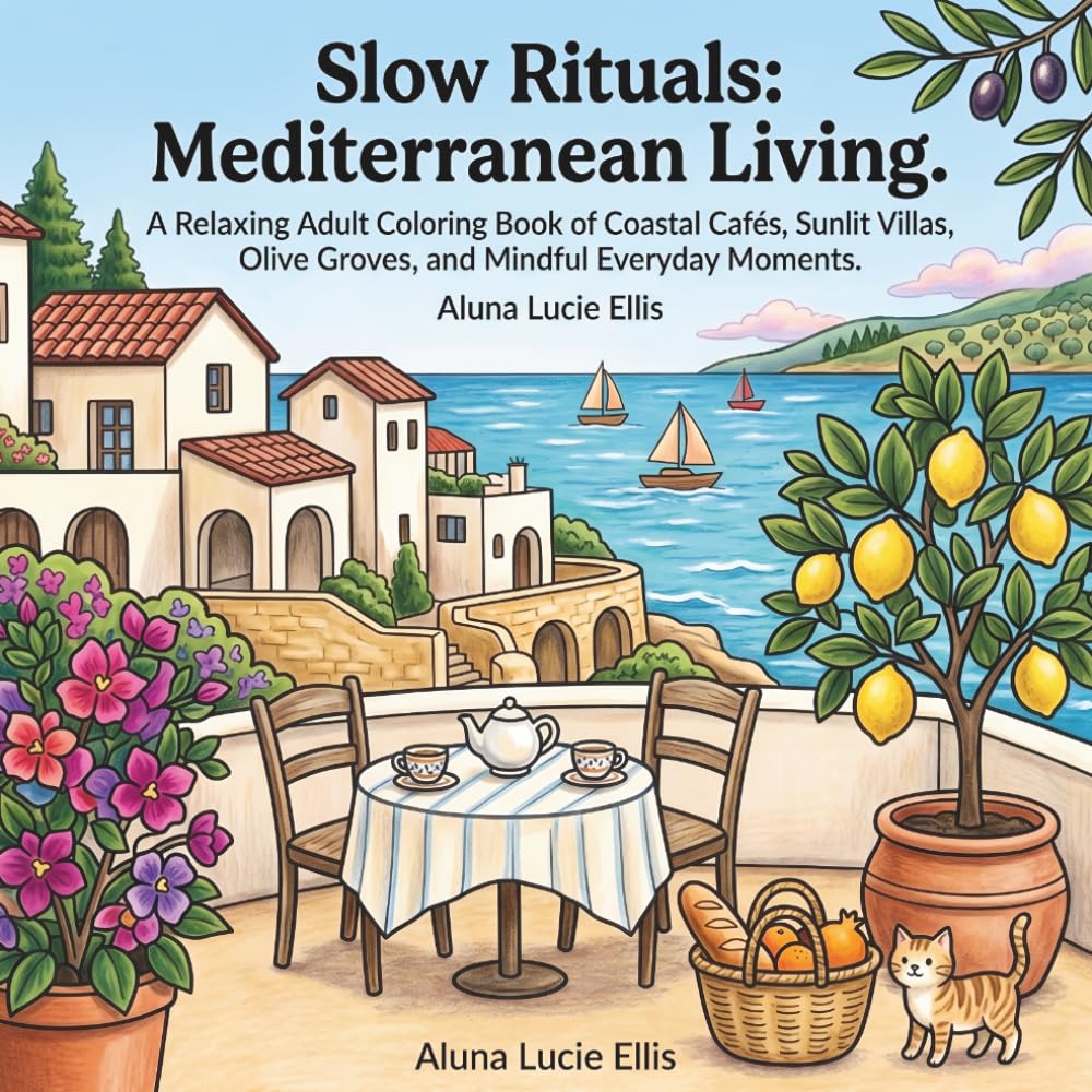 Slow Rituals: Mediterranean Living: A Relaxing Adult Coloring Book of Coastal Cafés, Olive Groves, Sunlit Villas, and Mindful Moments