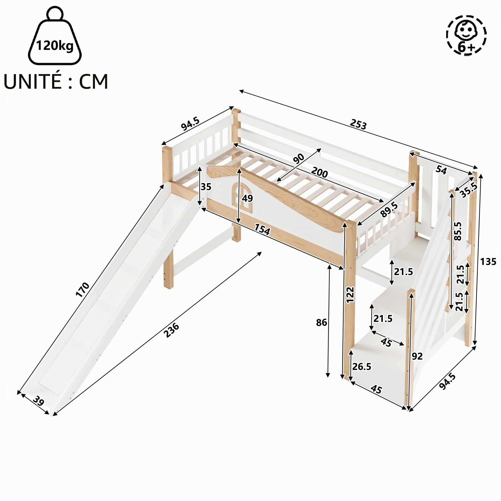 Lit Mezzanine Enfant 90x200 cm avec Toboggan,Échelle de Rangement,Barrières de Sécurité et Bandeau LED Intégré–Lit Mezzanine 1 Place en Bois Massif Pin,Blanc
