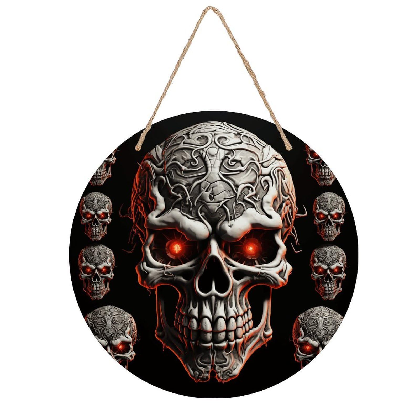 VstaDank Evil Skull Wall Decor Round Wood Hanging Sign 7.9x7.9 in Wooden Circle Door Hanger with Ropes, Rustic Wall Art Decor for Home Front Door Indoor Outdoor Decoration