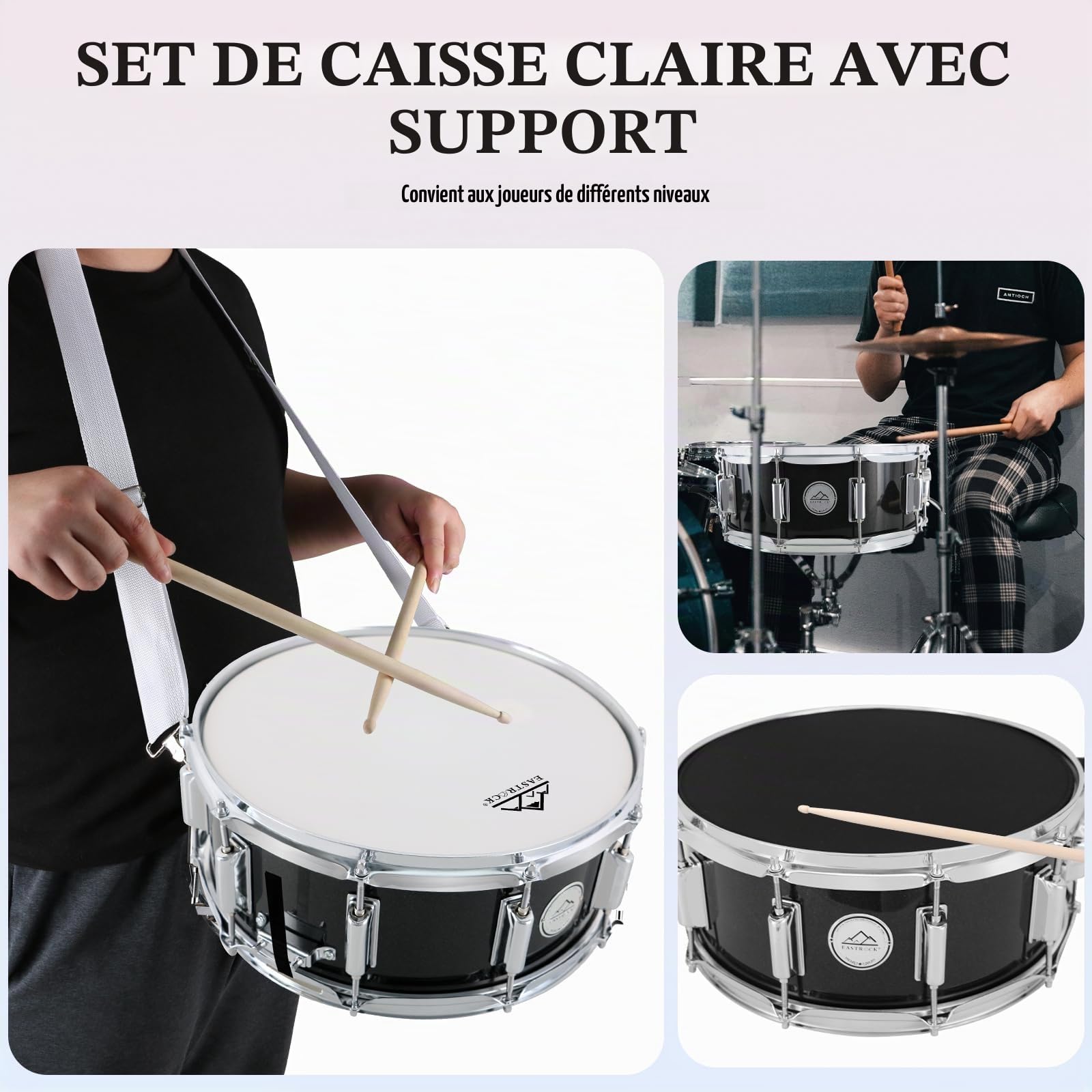 EASTROCK Caisse claire 35,6 x 14 cm pour étudiants, débutants avec sac de transport, baguettes, clé de batterie, Noir