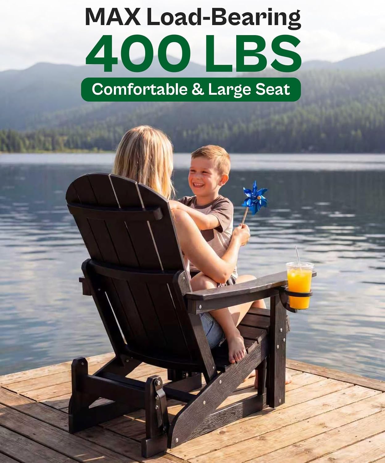 Outdoor Glider Chair with Cup Holder, HDPE Patio Glider Rocker with 3-Position Adjustable Backrest, All-Weather Porch Glider Chair for Outside Pool, Yard, Deck (Black)