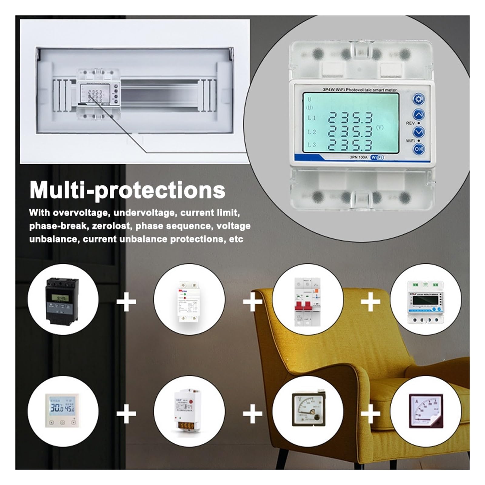 Monitor Energii Inteligentnego Licznika Tuya WiFi 3P4W Inteligentny Przerywacz Miernik Fotowoltaiczny Przeciążenie Przepięcie Podnapięcie Ograniczenie Prądu Zabezpieczenie Przed Ponownym Zamknięciem