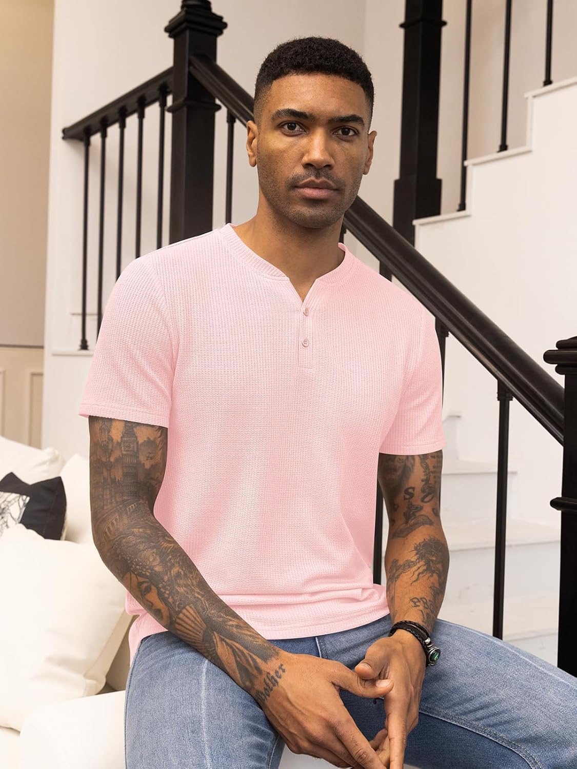 RQP Men's Henley Shirts Short Sleeve Waffle Stretch T Shirts Summer Casual Stylish Tops - Image 5