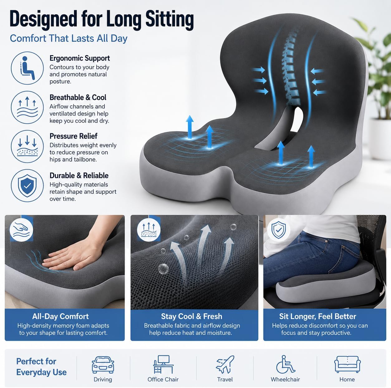 Orthopedic Seat Cushion – L-Shaped Lumbar Support Memory Foam Comfort for Long Sitting, Ergonomic Support for Office Chair, Wheelchair, Car & Travel (1, Blackish-Gray)
