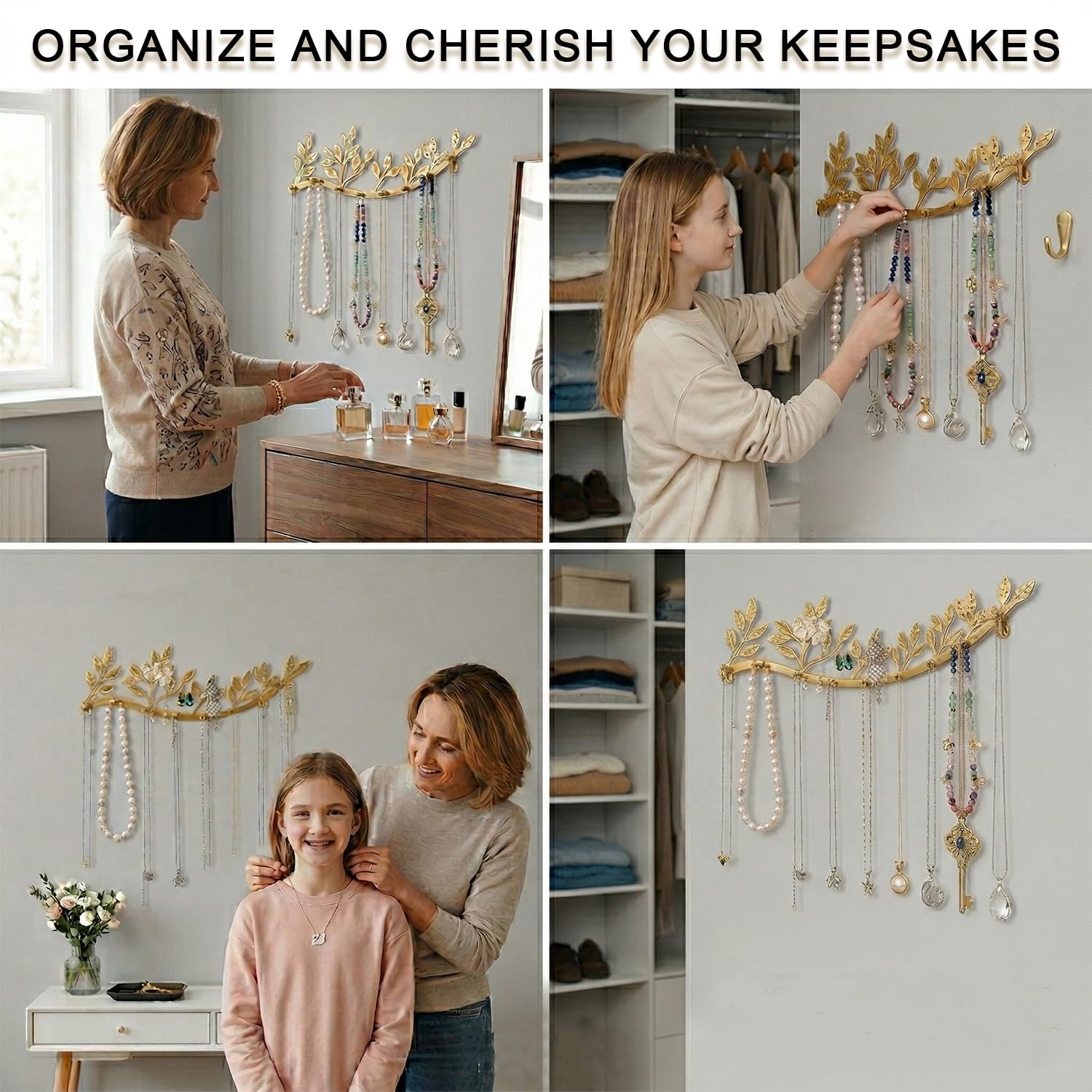 Organizador de collar de joyería montado en la pared con 8 ganchos y 43 agujeros, aretes perfectamente colgantes, pulsera y llaves, decoración de pared de rama de árbol de metal dorado rústico