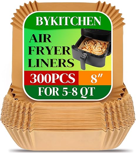 BYKITCHEN 300PCS Disposable Air Fryer Paper Liners for Ninja AF141 5 QT Pro AF181 6.5QT, Cosori Chefman 6 QT &Other 5 to 8Qt Airfryer, 8in Square...
