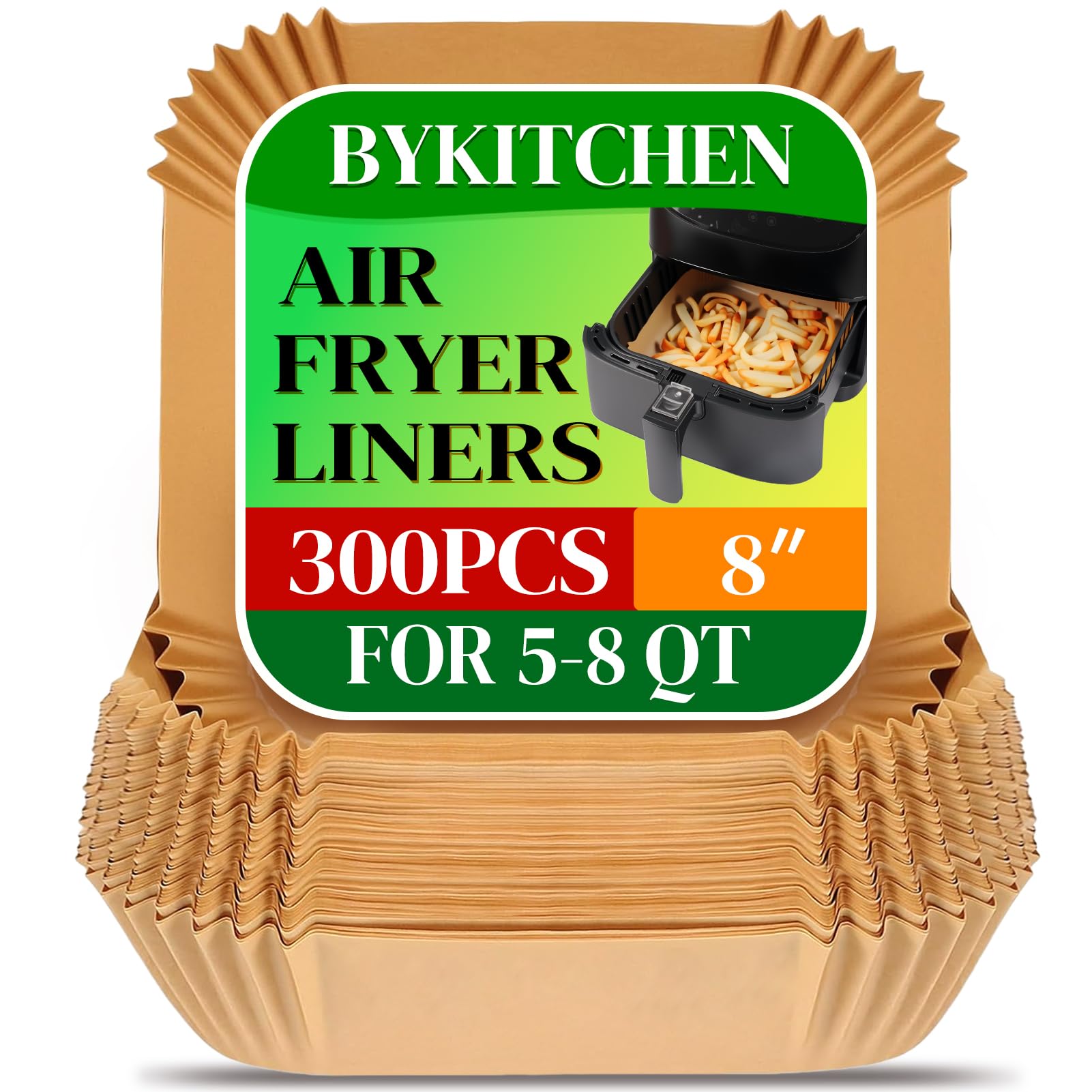 Photo 1 of BYKITCHEN 300PCS Disposable Air Fryer Paper Liners for Ninja AF141 5 QT Pro AF181 6.5QT, Cosori Chefman 6 QT &Other 5 to 8Qt Airfryer, 8in Square Air Fryer Parchment Paper, Airfryer Basket Accessories