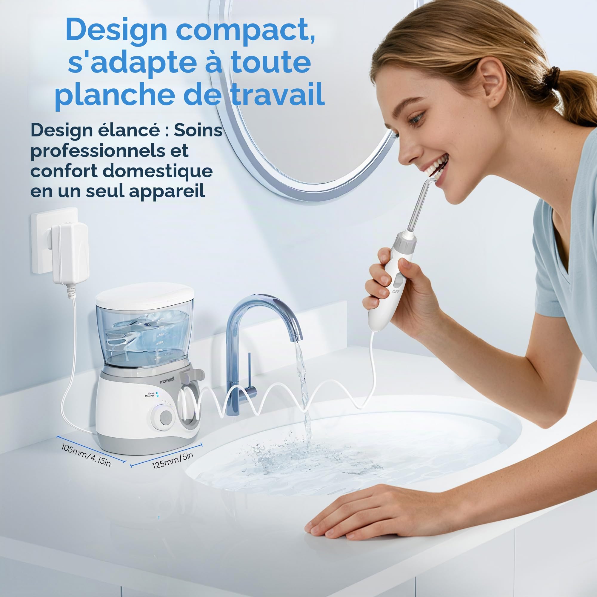 Mornwell Hydropulseur Dentaire Professionnel Électrique avec 10 Niveaux de Pression, 6 Buses, 2 Modes & Réservoir 600ml, Minuterie Intégrée (Large A)