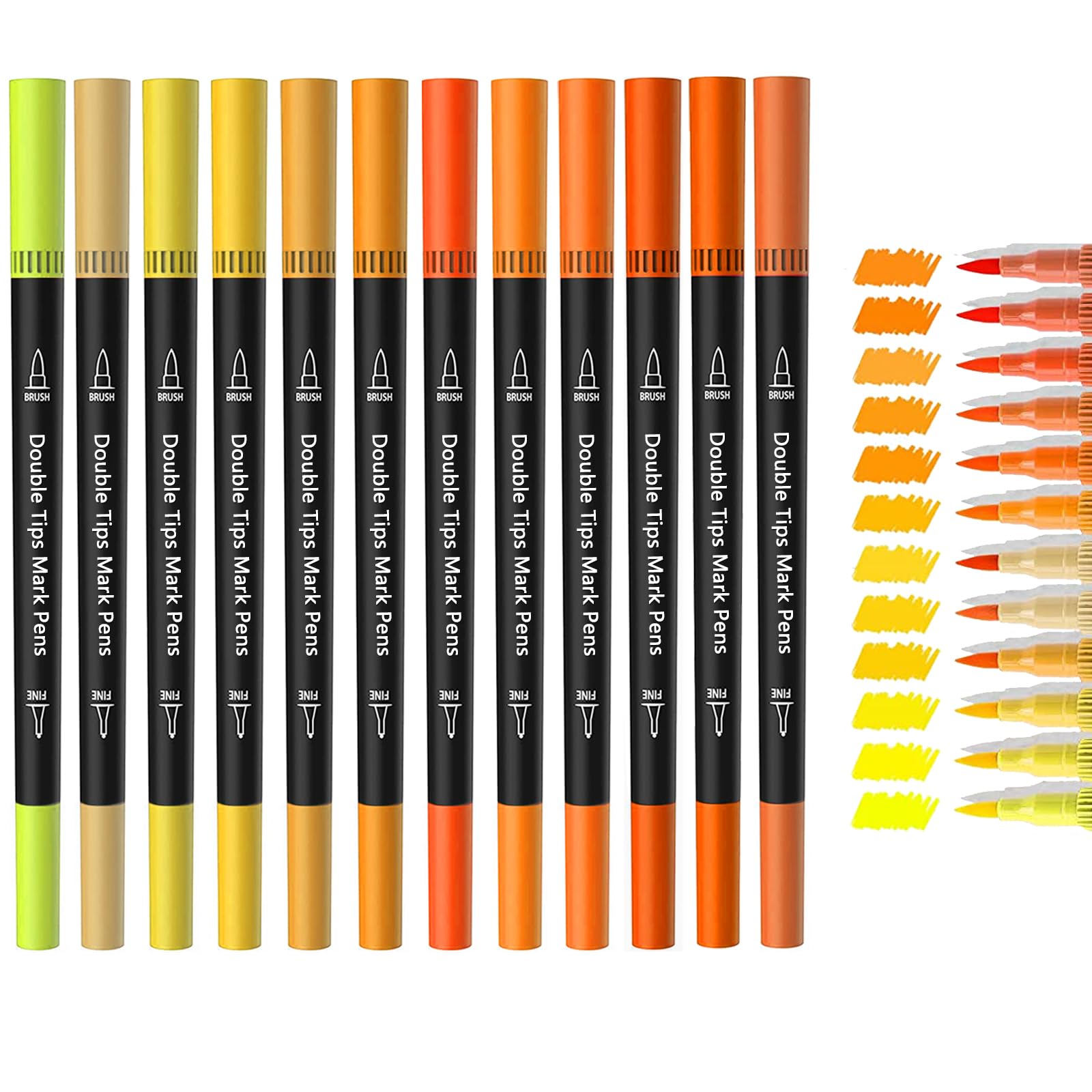 ZZWUAPT Orange & Yellow Double Tip Brush Pens Art Markers,12 Colored Artist Fine Brush Pen Coloring Markers for Adult Drawing Art Craft Kit