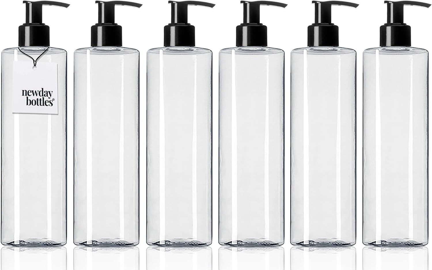 Newday Bottles, Empty Plastic Bottles with Lotion Pump Dispenser BPA-Free Refillable Containers (8 oz, Clear, Black Pump, Pack of 6)