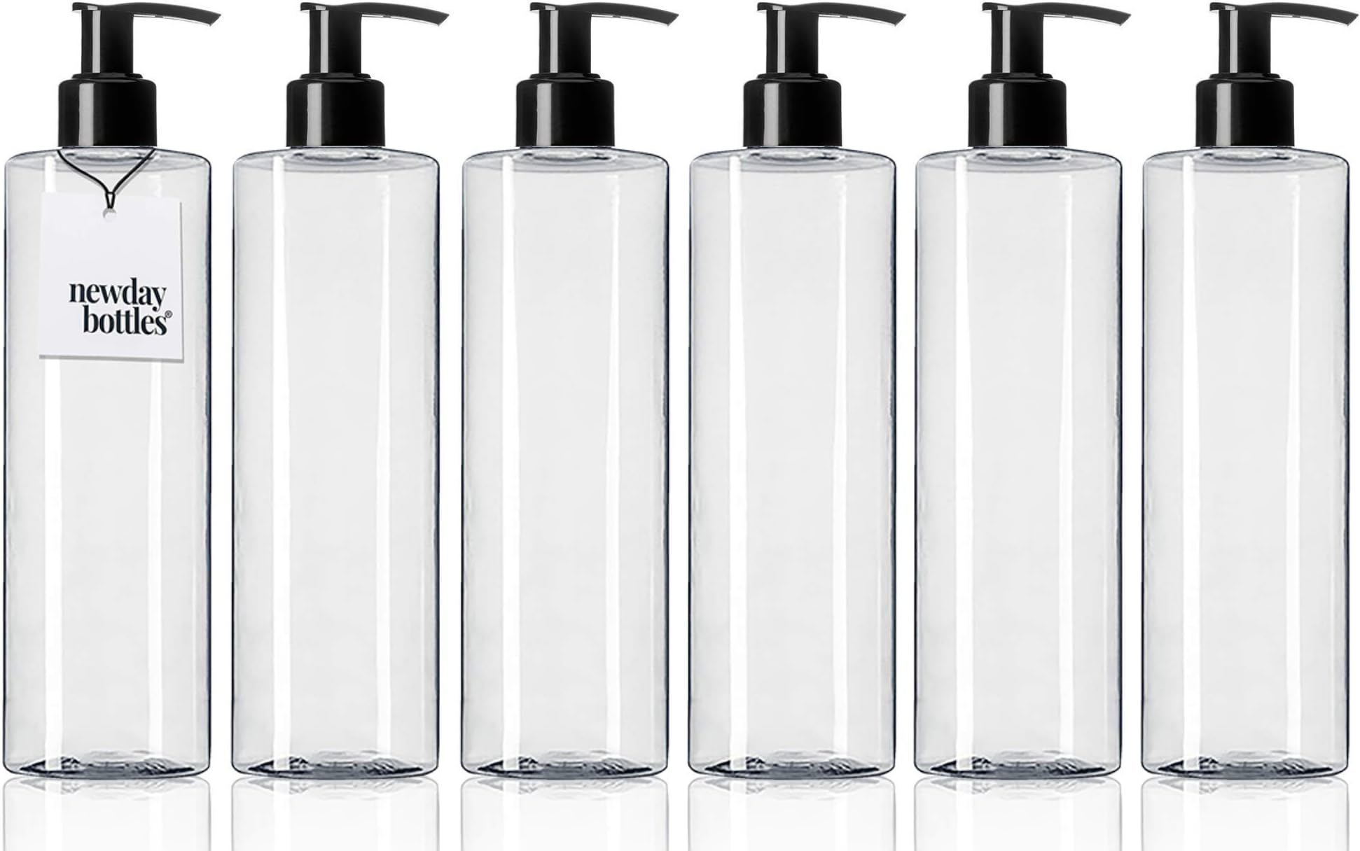 Newday Bottles, Empty Plastic Bottles with Lotion Pump Dispenser BPA-Free Refillable Containers (8 oz, Clear, Black Pump, Pack of 6)