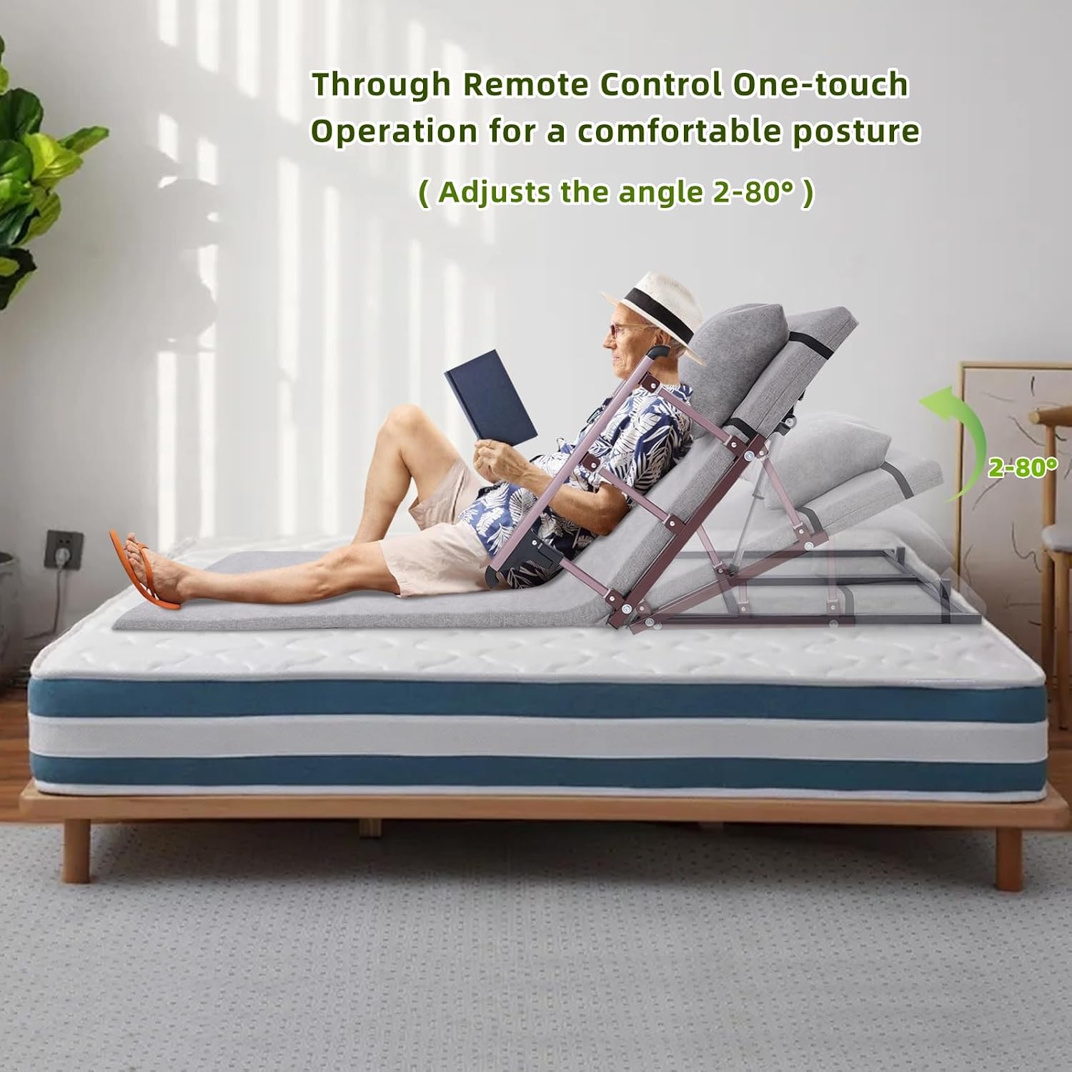 Electric Lifting Backrest 2-80° Adjustable Bed Back Rest with Folding Armrests, 74.8" L Electric Auxiliary Backrest for Elderly Pregnant Women Back Lumbar Support, 660lbs Capacity, Gray