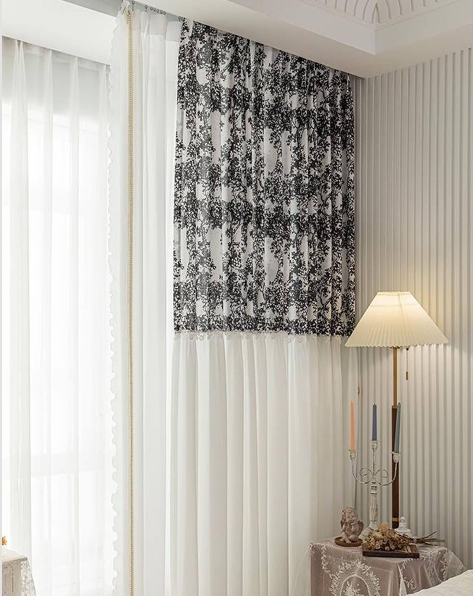 Daesar Rideaux Transparents Salon Lot de 2 Noir, Voilage Rideau à Oeillets Branches d'arbre Épissage Voilage Rideaux de Fenêtre pour Chambre, Noir 102x183CM