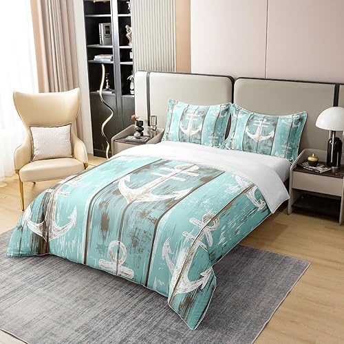 Miniatura 3 de Juego de ropa de cama de 100 % algodón con ancla náutica, funda de edredón de estilo rústico de granja, decoración de cabaña, funda de edredón de