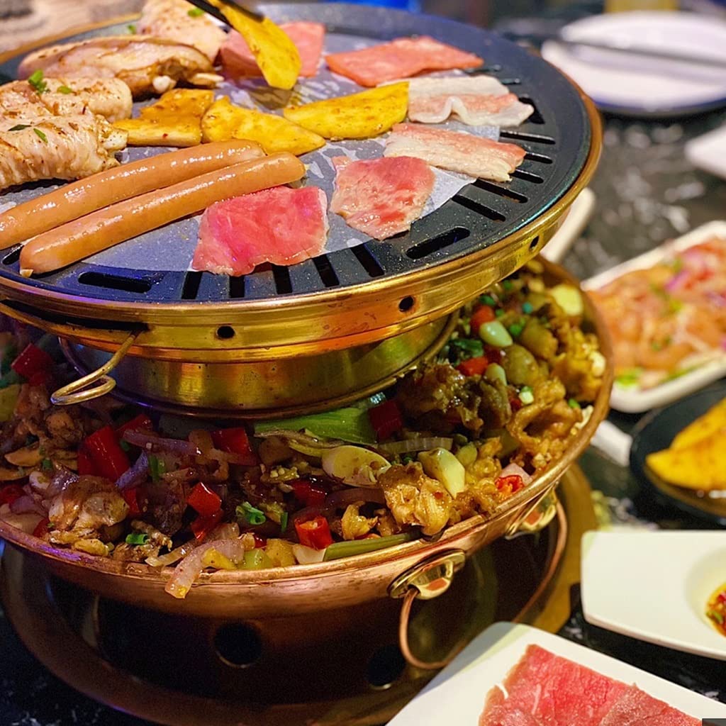 Miedź Hot Pot Grillowanie Czysta Miedź Pogrubiony Ręczny Grill Mięso Podwójne zastosowanie, Mosiądz - 34 cm