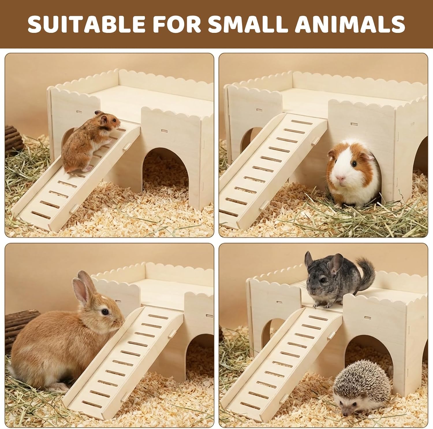 Upgraded Sturdy Wooden Guinea Pig Hideout with Stairs, Guinea Pig Castle with 4 Cave Entrances, Easy to Assembly, Small Animal Toy for Play & Habitat, with Cleaning Cloth, for Hamster, Rabbit