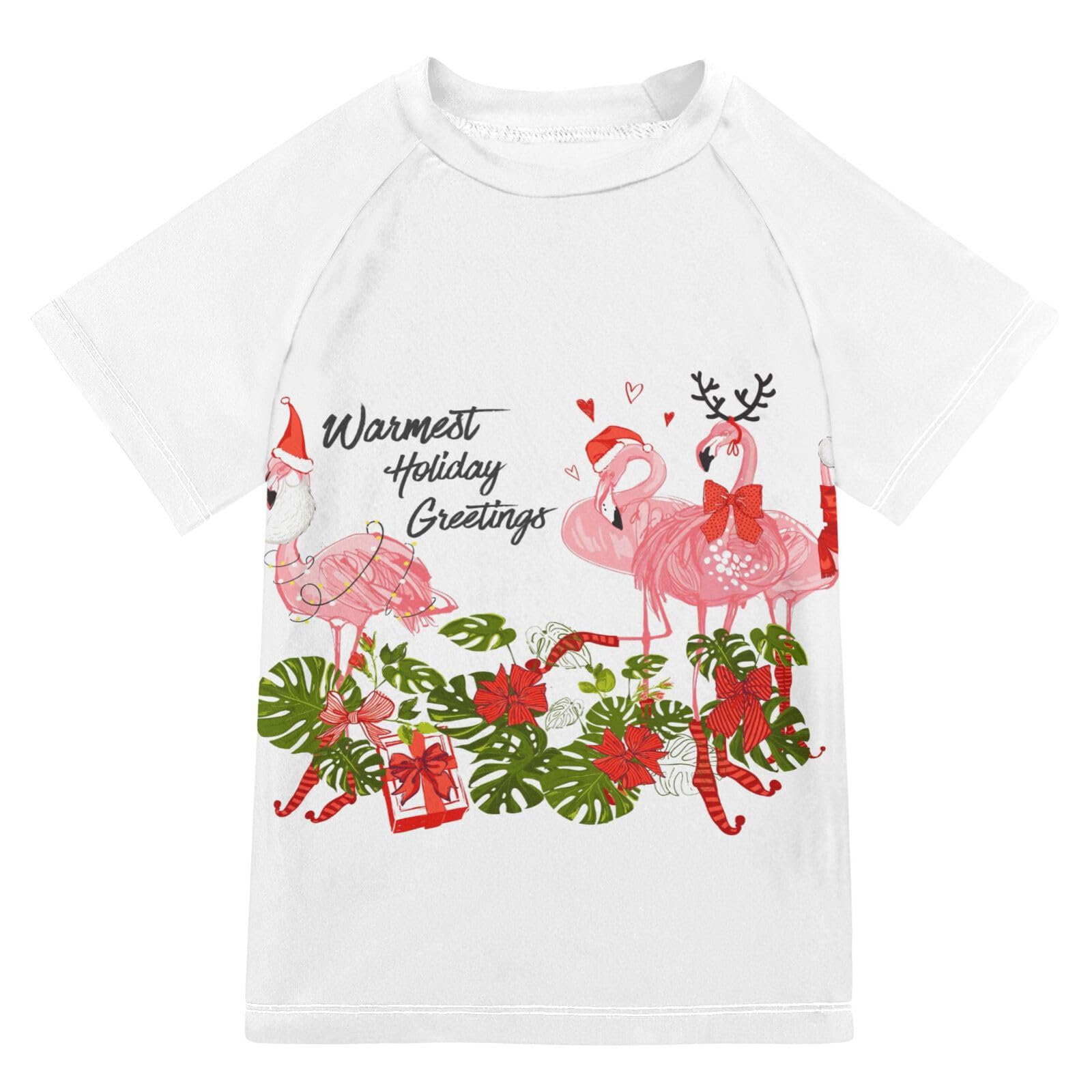 Aflyko Christmas Boys' Swim Shirt Flamingo Xmas Warm Holiday Rash Guard Beachwear Sun Protection Fishing Hiking Camping Surfing Swimming Toddler Infant Summer Daily T-Shirt, 4T