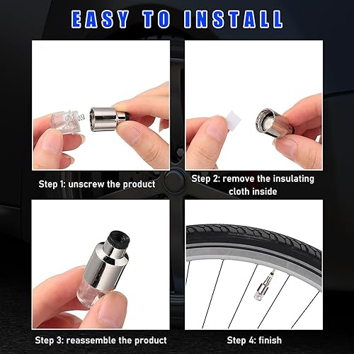 Miniatura 5 de Ziciner 4 luces LED para tapa de válvula de neumático, bombillas de neón con 12 baterías adicionales, tapones antipolvo, accesorios de motocicleta y