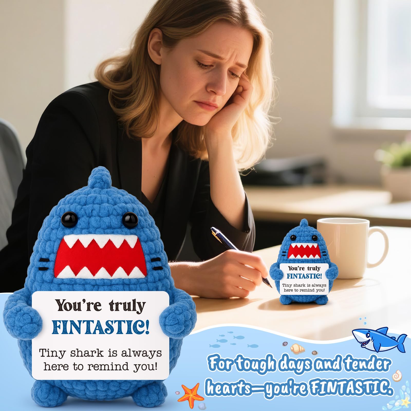 Positive Crochet Animals Shark Gift White Elephant Gifts for Adults Friends Christmas Secret Santa Gifts for Coworker Women Men Get Well Gag Emotional Positive Shark Appreciation Thinking of You