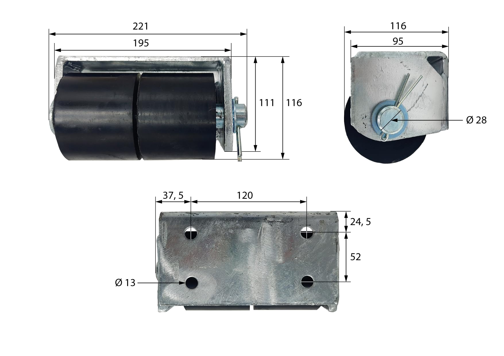 TOPE PARAGOLPE 2 RODILLOS CAUCHO CON SOPORTE DE ACERO PARA CAMIÓN, REMOLQUE, SEMIRREMOLQUE, FURGÓN