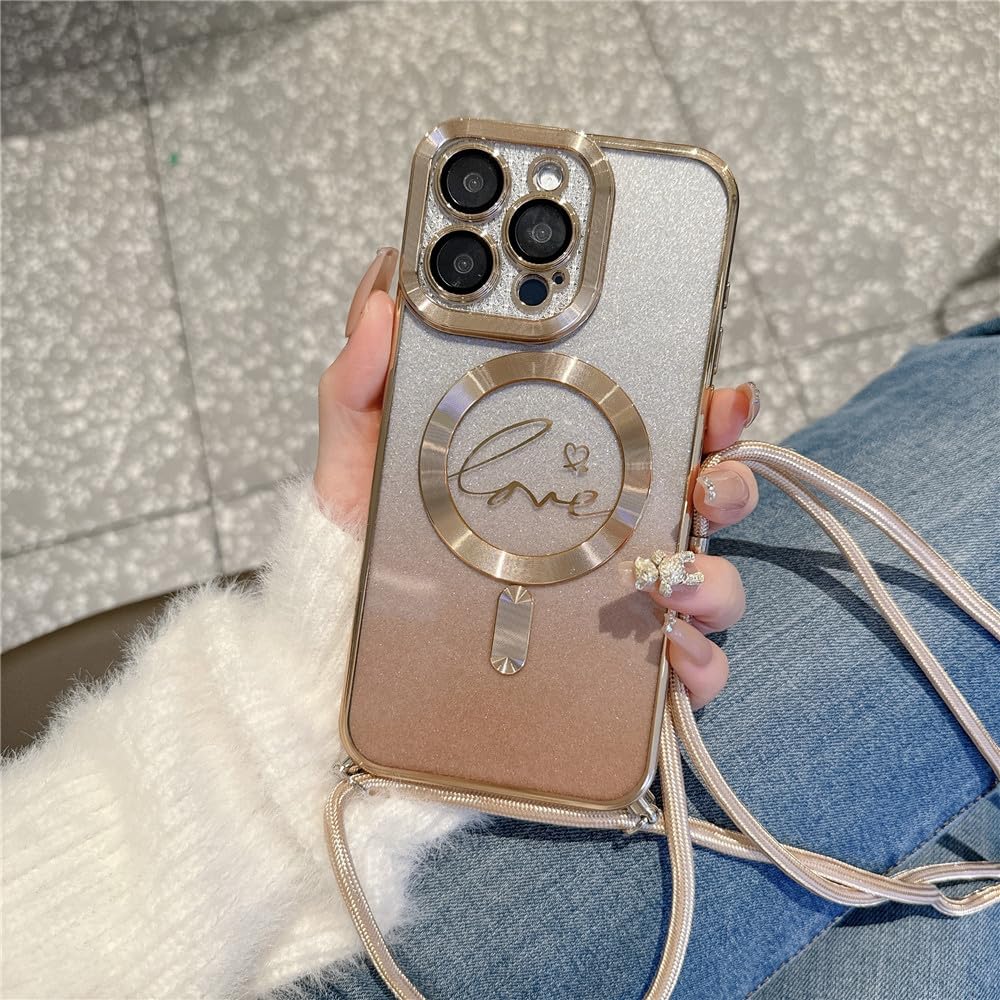 Coque cordon iPhone 13 Pro Max lanière paillettes cœur magnétique