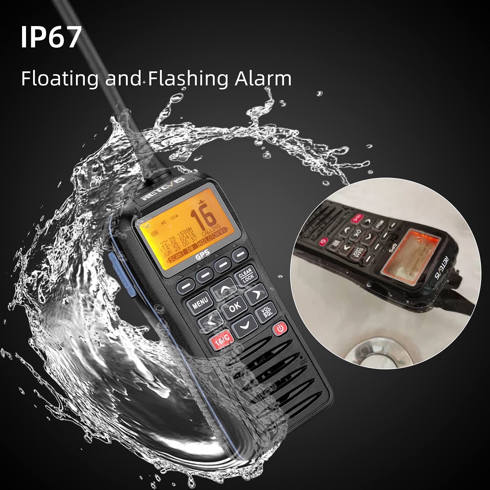 Retevis RM40 Talkie Walkie Marine IP67 VHF Marin Portable Flottant GPS Noir