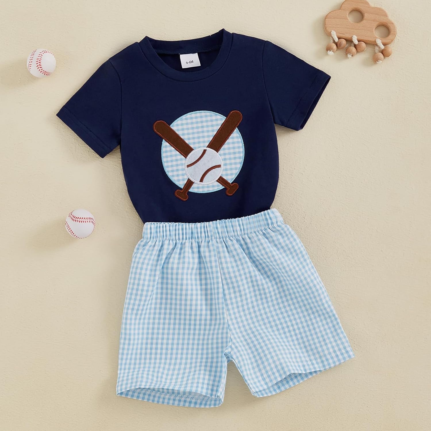 Baseball Toddler Baby Boy Girl Clothes Baseball Embroidery Short Sleeve T Shirt Plaid Shorts Set Infant Clothes - Image 2