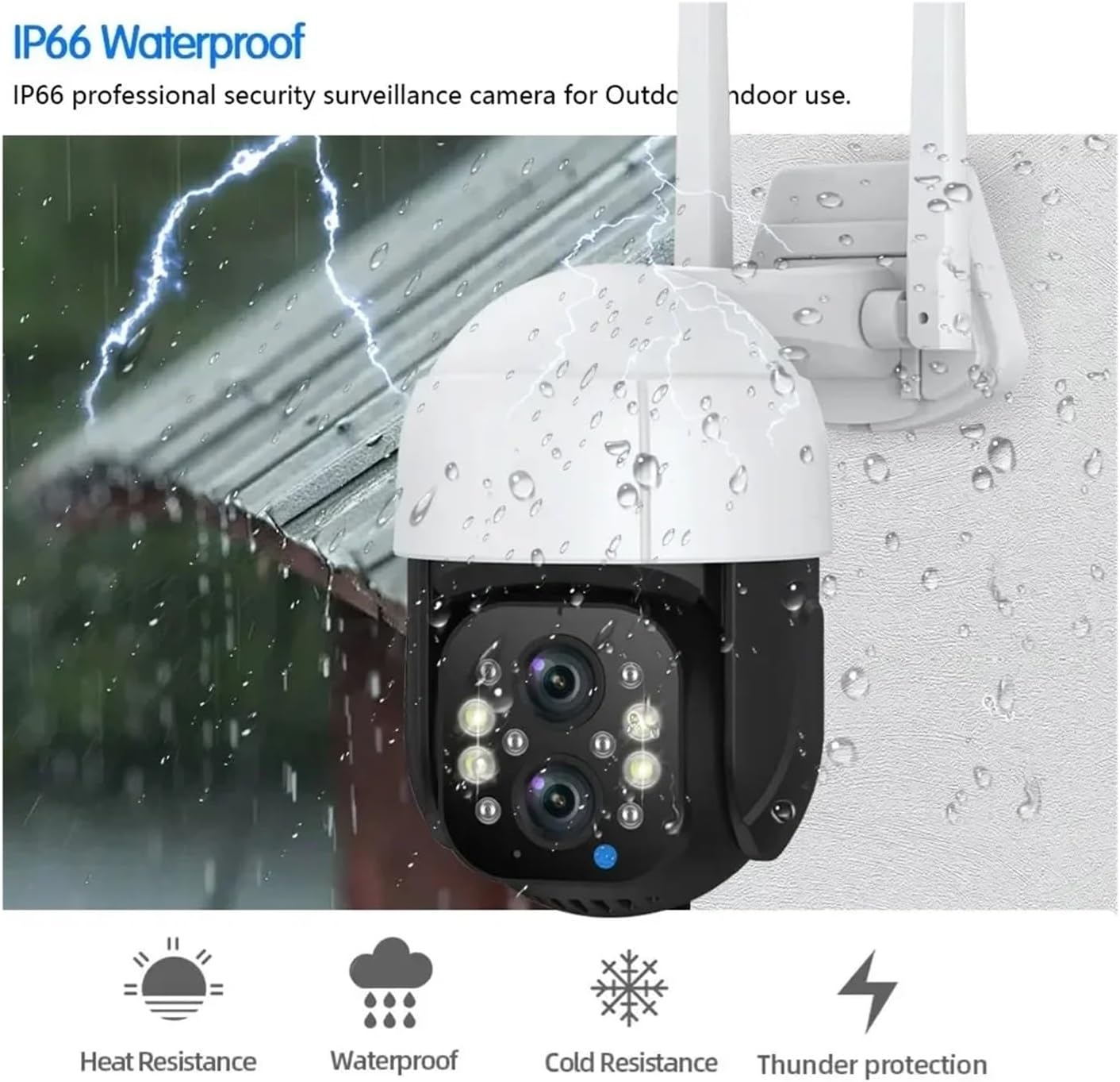 Camera with IP66 waterproof rating and weather resistance icons
