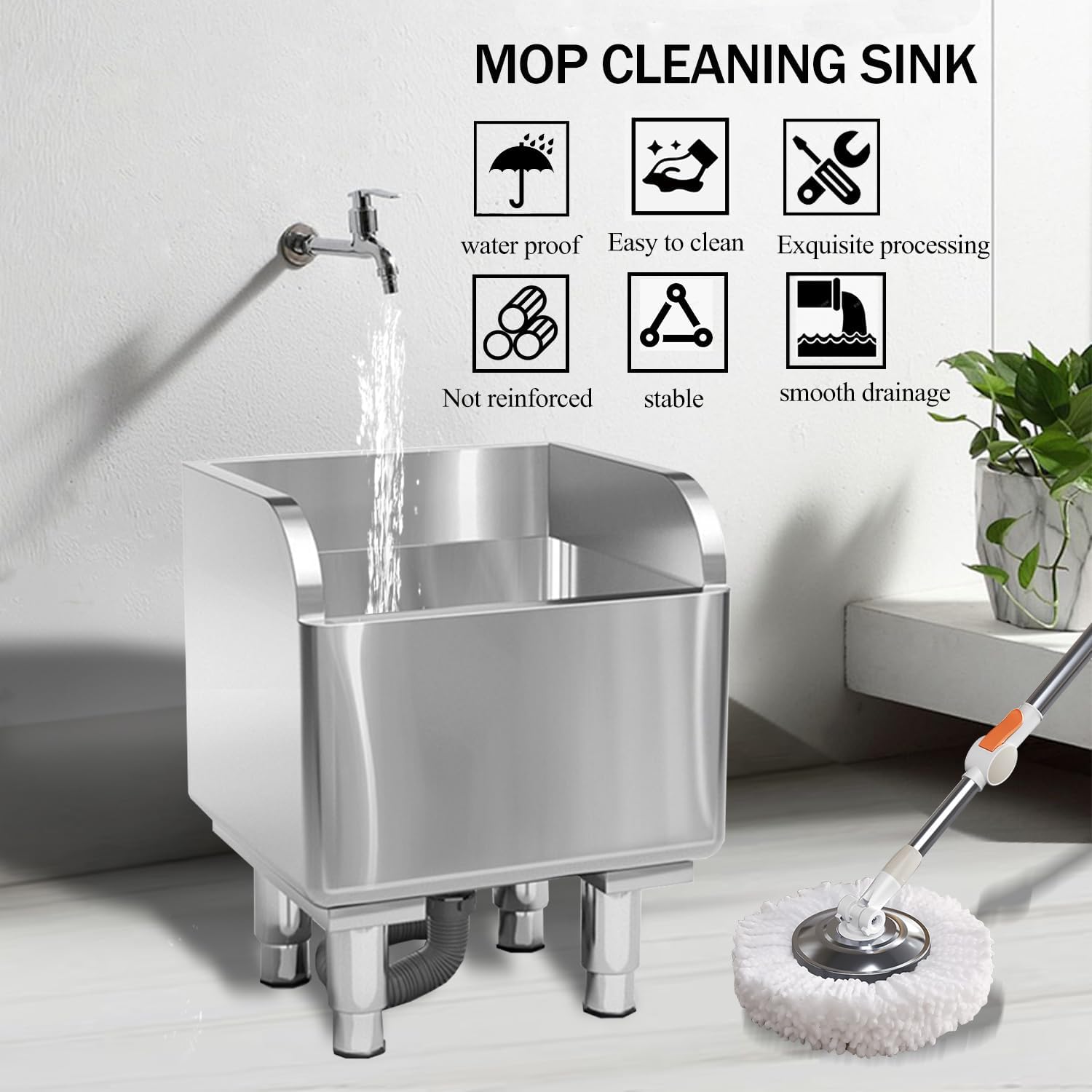 Commercial Floor Mop Sink - Stainless Steel Mop Service Basin, Floor Mount, 17.7'16.1'21.6'