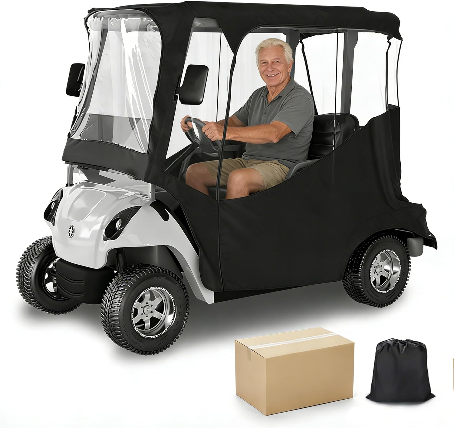 Golf Cart Enclosure, 4 Passenger Drivable Rain Cover for Club Car DS & Precedent, 600D Waterproof Oxford with Extended Roof & 4-Sided PVC Windows, Roll-Up Windshield