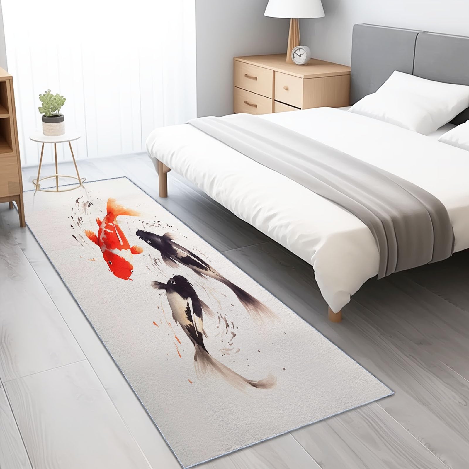 Tapis de couloir motif poissons pour une entrée zen et lumineuse blanc