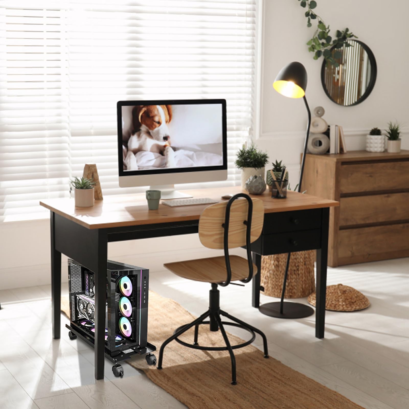 CPU Holder Cart, Supporto da Terra per CPU, Supporto per PC Case con 4 Rotelle Bloccabili Regolabile, Carrello PC per Computer Desktop PC Tower Nero ((49×19.5-25cm))
