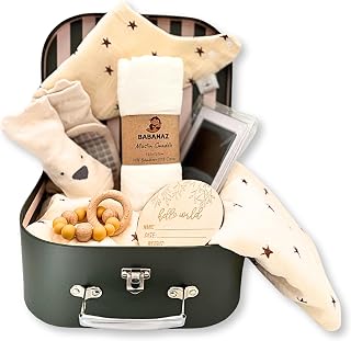 Baby Gift Set Boy or Girl - Baby Shower Basket Suitcase with Large Plush Blanket, Muslin Swaddle, Natural Teether, Wood Birth Record, Hand & Foot Print Kit, Nemo Socks, Baby Gift, Unisex Forest Green