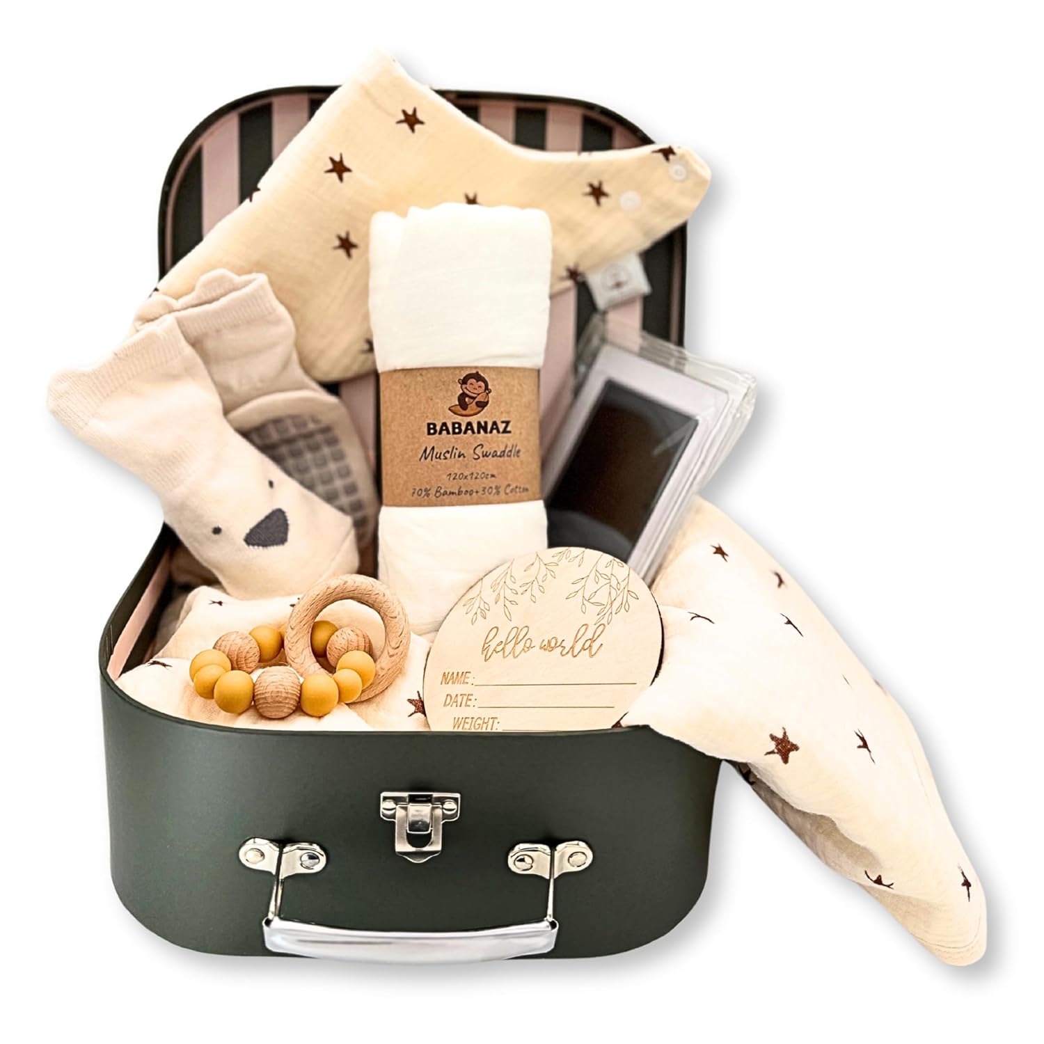 Baby Gift Set Boy or Girl - Baby Shower Basket Suitcase with Large Plush Blanket, Muslin Swaddle, Natural Teether, Wood Birth Record, Hand & Foot Print Kit, Nemo Socks, Baby Gift, Unisex Forest Green