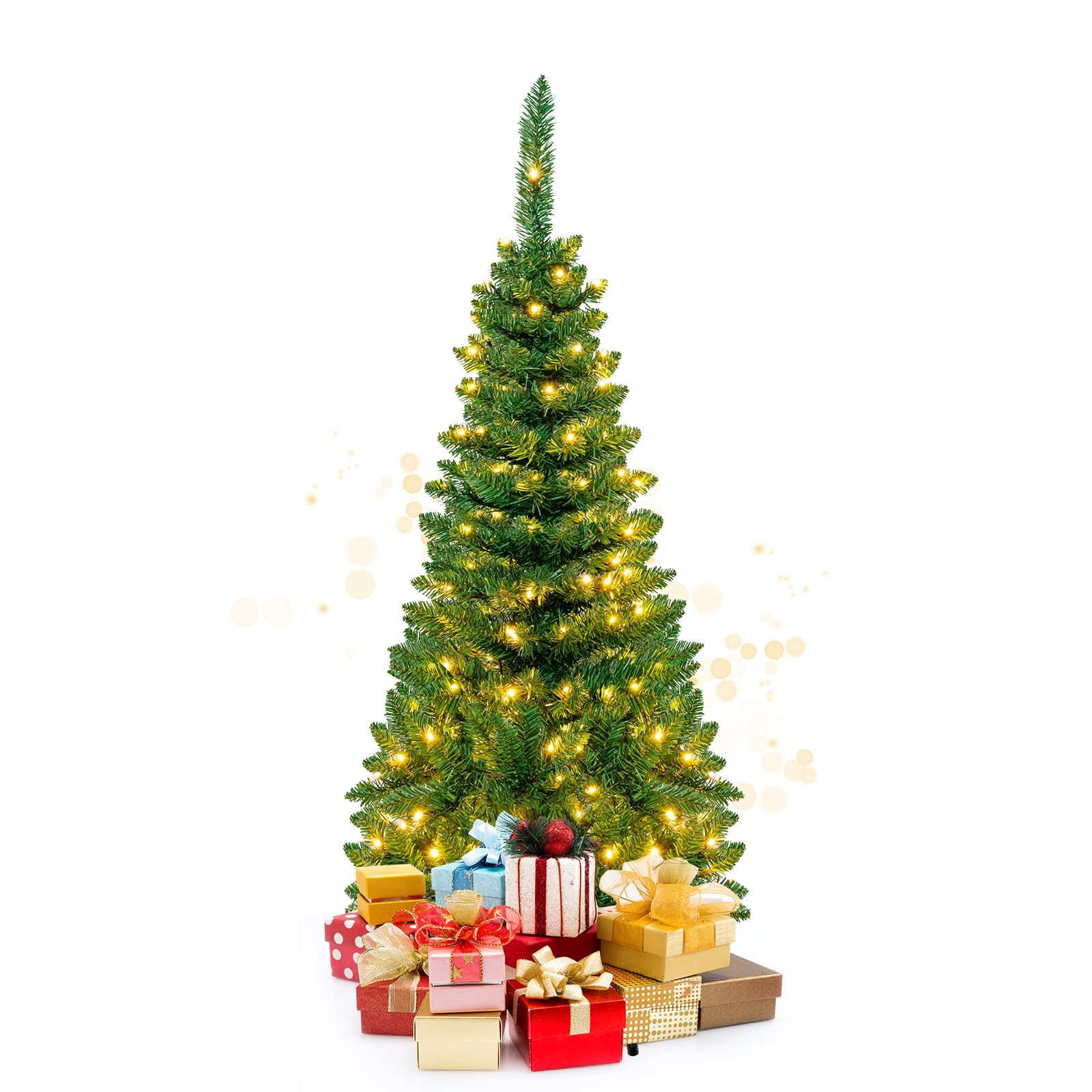 KOMFOTTEU Albero di Natale Artificiale 135/200/225 cm, Albero di Natale con Luci LED Incorporate e Supporto in Metallo, Christmas Tree con Rami in PVC, per Casa, Negozio, Ufficio, Feste (S)