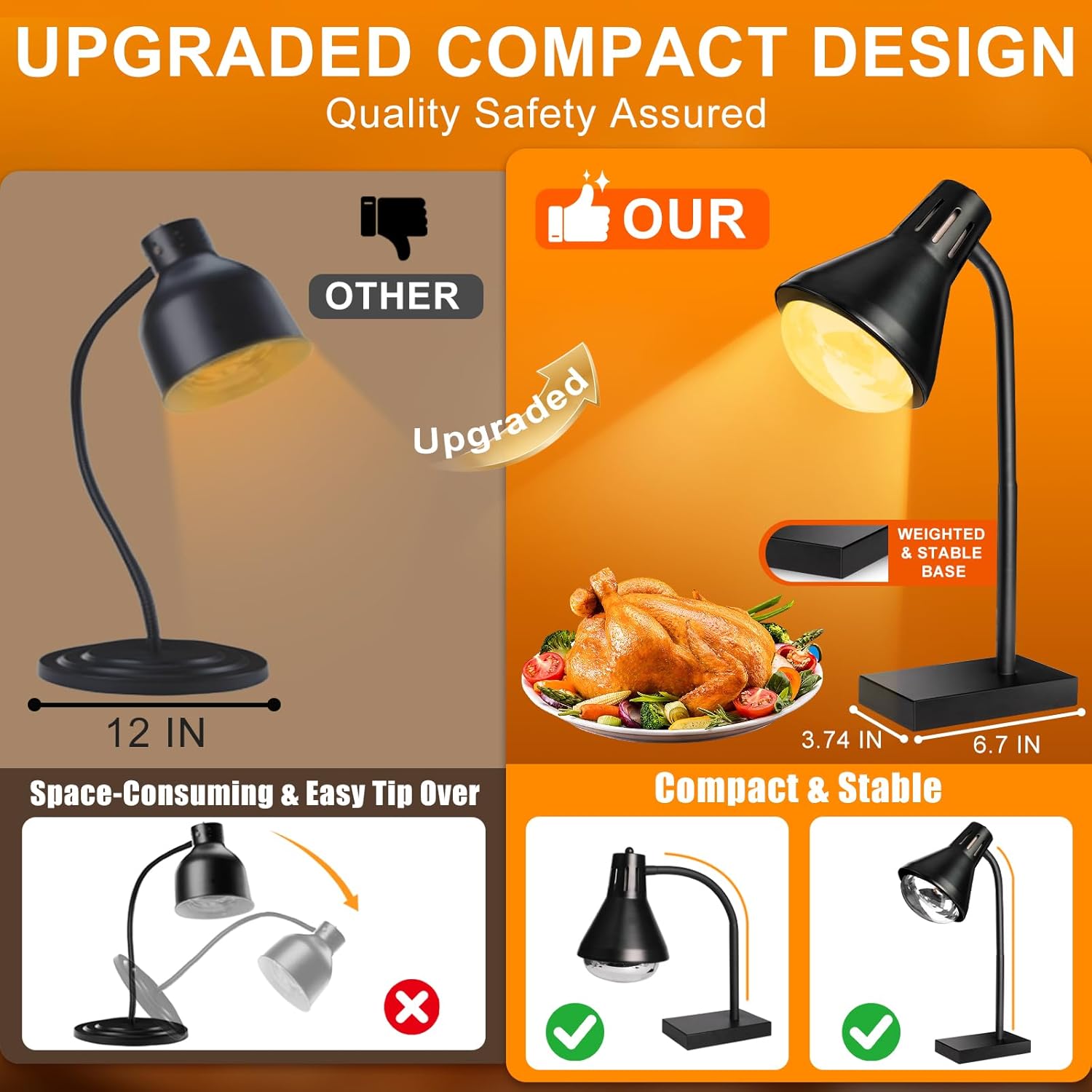 Portable Food Heat Lamp [Fast & Uniform Heating] [Compact Design] Commercial Food Warmer Light, 250W Heat Lamp for Food, Warming Lamp for Parties, Buffet, Restaurant, Kitchen, Home Use (Black)