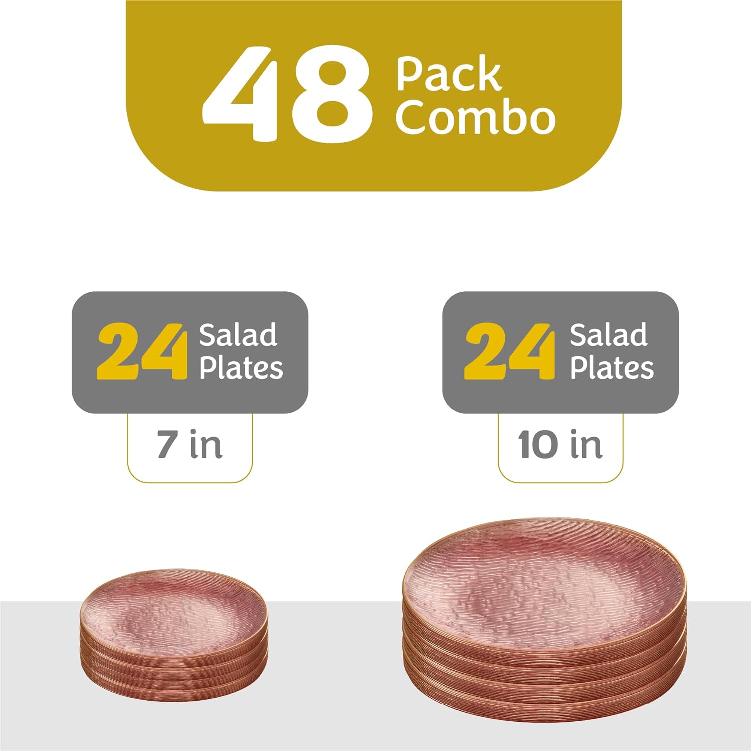 PLASTICPRO 48 Pieces Elegant Plastic Plates for Party Pink with Gold Rim Includes 7" inch and 10" inch Fancy Plastic Plates Disposable Dinnerware