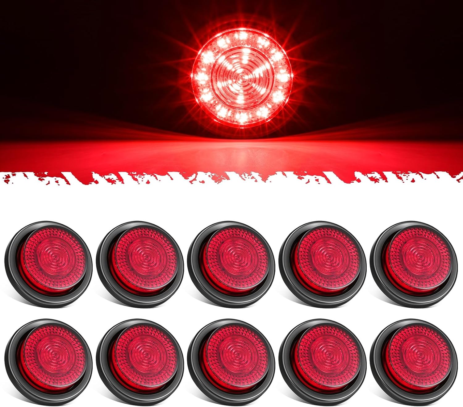 Partsam 10Pcs 2.5" Round Red 21 LED Side Marker Clearance Lights with Grommet and 2-Prong Wire Pigtail for Trailer Truck RV, Flush Mount, 12V, IP67 Waterproof