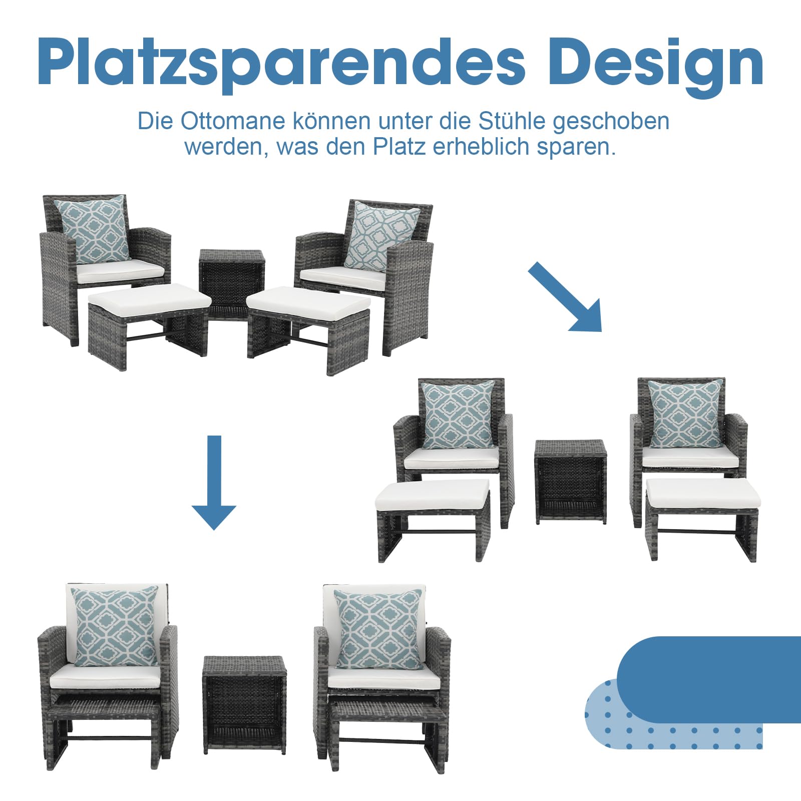 OC Orange-Casual 5-TLG Rattan Balkonmöbel-Set, PE-Rattan Gartenmöbel-Set, 2 Gartensessel mit Beistelltisch&Hocker, Gartensitzgruppe inkl. Sitzkissen&Rückenkissen, Bistroset für Garten Indoor Balkon