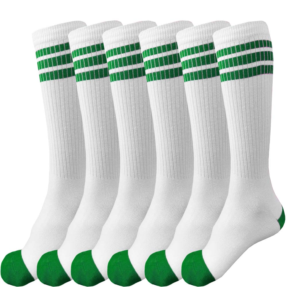 Judanzy Boys White With Green Stripes 3 Pairs Of Knee High Or Girls Stripe Team Tube Socks For Soccer, Basketball, Baseball And Everyday Wear, 2-4T