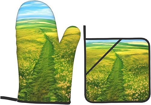 Miniatura 8 de Juego de guantes de horno y soportes para ollas elegantes y funcionales, accesorios de cocina resistentes al calor y duraderos (caminos de pastizal)