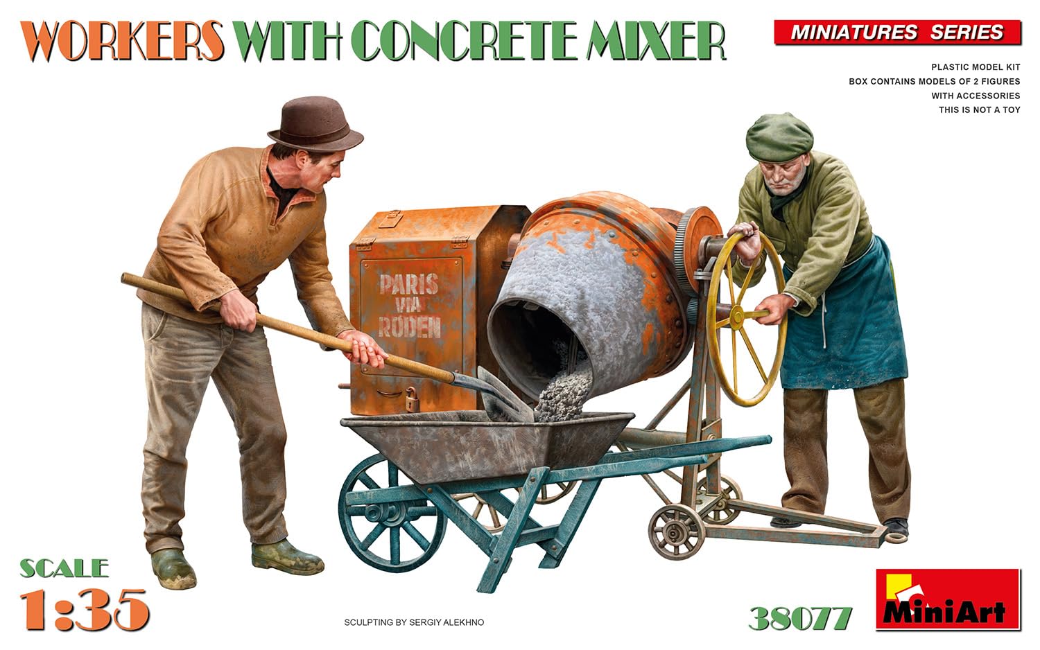 Miniart 1:35 - Workers w/Concrete Mixer, Molded Color, Small