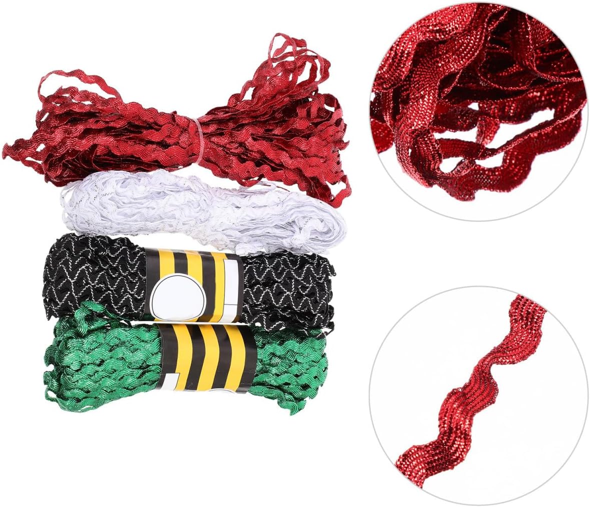 4 Rolls 5mm Wave Rickrack Ribbon Trim for Flower Making Crafts, Handcraft Sewing Ribbon Set Red, Green, White, and Black-White Colors, DIY Decorative Edge for Apparel and Holiday
