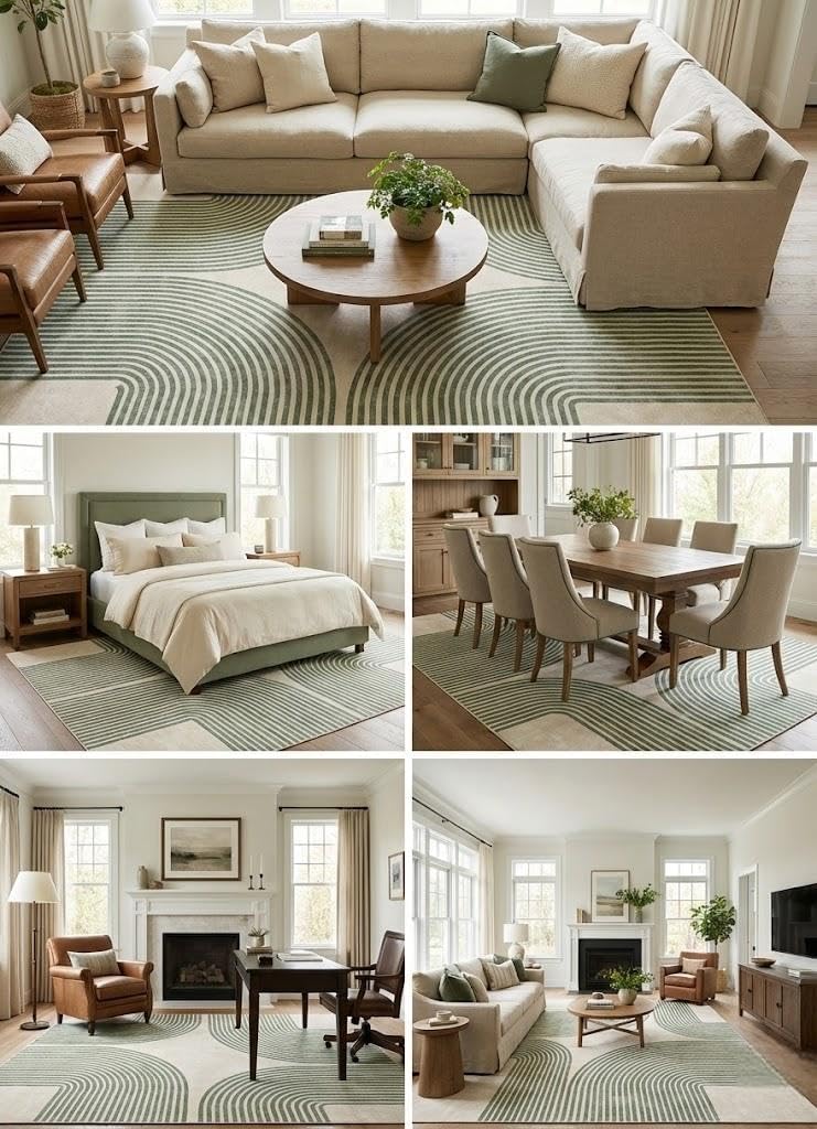 5X7 Area Rugs for Living Room,Beige Modern Green Arch Stripe Rug Machine Washable Non Slip Low Pile Lightweight for Bedroom, Dining Room，Leisure Area