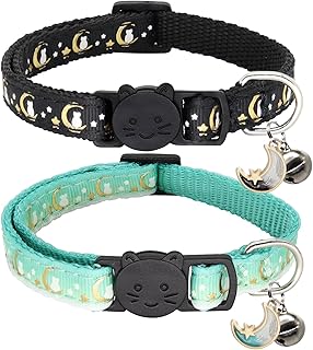Giecooh 2 Pack Breakaway Cat Collar with Bells,Adjustable Moon and Star Kitten Safety Collars for Boys & Girls,Black+Teal