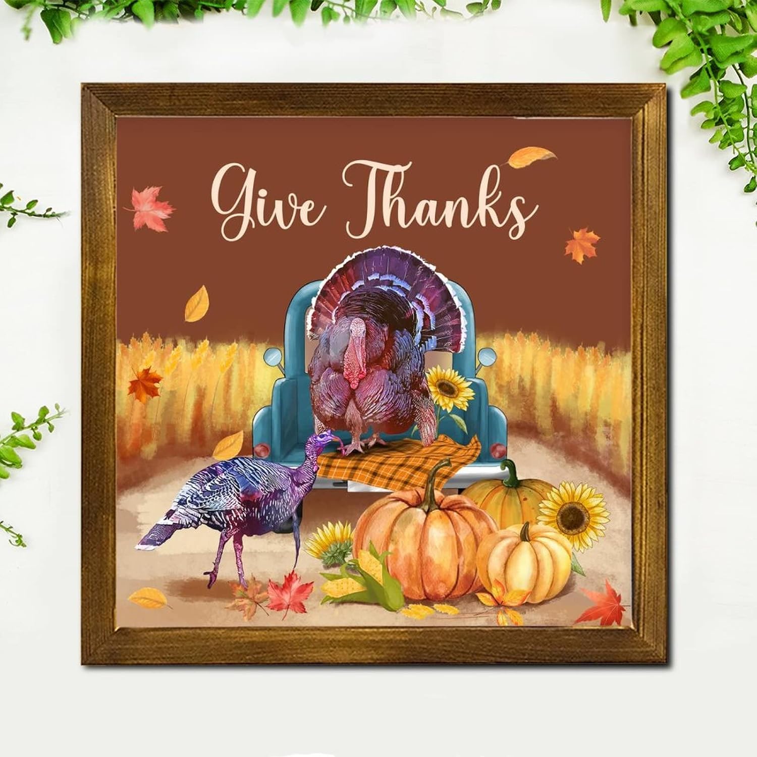 Give Thanks Wood Framed Sign Pumpkin Turkey Sunflower Maple Leaves Wood Hanging Plaque Classic Autumn Harvest Wood Decor Farmhouse Wall Hanging Plaque for Home Bedroom Living Room Bathroom 12x12 inch